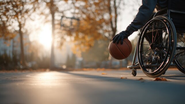 Determined Wheelchair User Practicing Basketball Dribble at Sunrise with Glove Grips on Court Lines