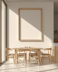 A wooden framed picture hangs on a wall