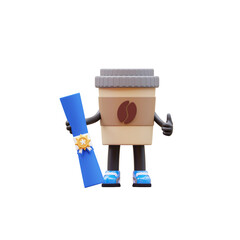 Coffee Cup Character Wearing Graduation Cap Holding Diploma Suitable For Education And Success Concepts.