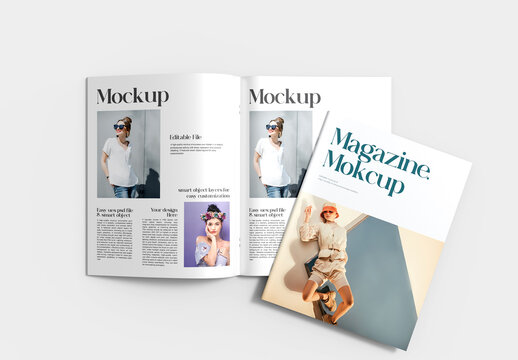 Opened Magazine and Cover Mockup