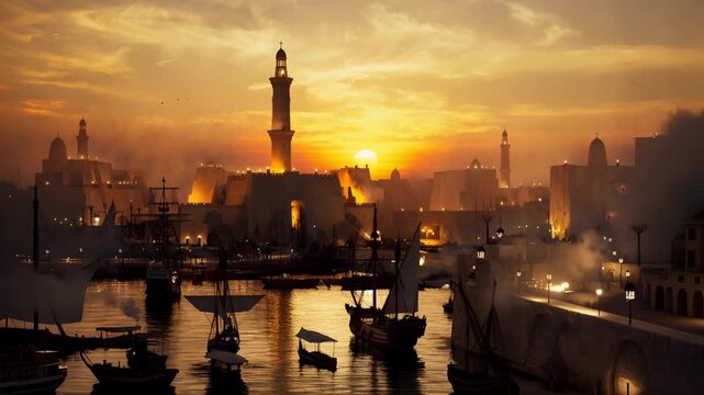 Ancient Egyptian civilization at sunrise &mdash; majestic temples, sacred river, desert cities, royal pharaoh, ancient well and oasis, golden light over army chariots, timeless empire and historical journey