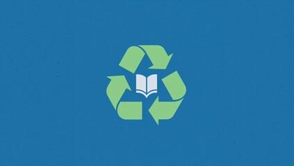 Innovative green book recycling symbol on a blue backdrop. Eco-friendly, sustainable materials emblem. Clean and simple design concept.