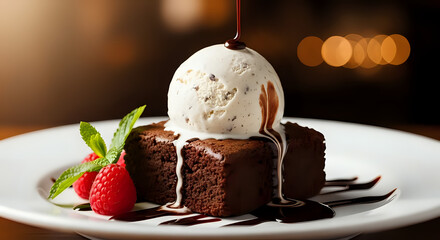 Indulgent brownie topped with ice cream and rich chocolate sauce, garnished with fresh raspberries and mint, a delicious dessert experience