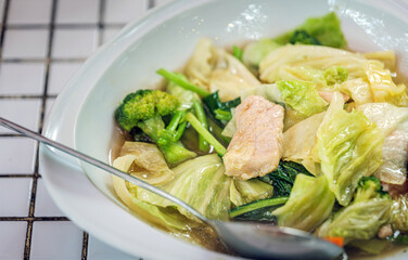 Stir-fried Chinese cabbage with pork and broccoli, a Thai menu