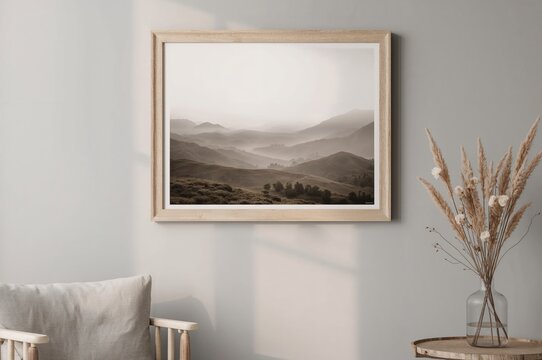 Landscape artwork displayed on a neutral wall accompanied by dried floral arrangement