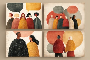Four-panel abstract people art showing diverse group in conversation and community