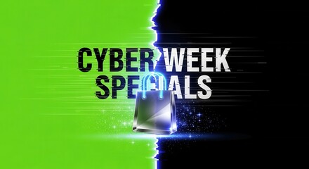 Cyber week specials promotional banner with a digital glitch effect. E-commerce sale concept with a glowing shopping bag on a split green and black background