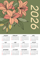 Floral calendar template for 2026. Vertical design with Flower theme vector. Vector illustration page template printable wall. Week starts on Sunday.