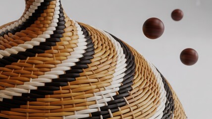 A close-up shot of a unique basket with floating wooden balls, showcasing textures and patterns. The craftsmanship is evident, and the design is eye-catching.