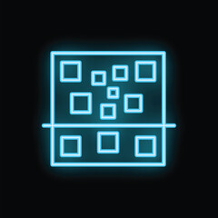 Neon blue building facade is glowing on a black background