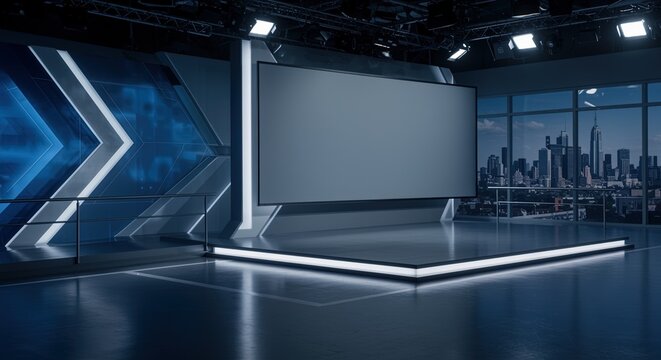 Modern TV Studio Set with City View virtual broadcast news skyline design television