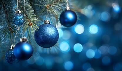 Beautiful close-up of blue Christmas ornaments on a pine tree with a soft bokeh background, perfect for holiday themes.