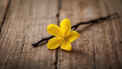 Fototapeta premium Vibrant yellow vanilla blossom and pods on rustic wood surface, ideal for culinary presentations