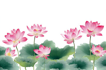 Beautiful pink lotus flowers blooming gracefully amidst green leaves, symbolizing purity and tranquility.