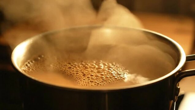 masala chai boiling steaming hot drink in pot
