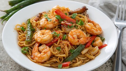 Savory Shrimp Chow Mein, A Delicious Blend of Asian and Indian Flavors, Including Tender Shrimp, Flavorful Noodles, Fresh Vegetables, and Spicy Seasonings, Ideal for a Quick Meal