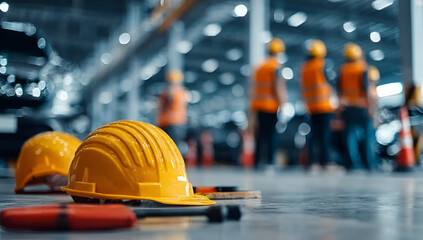 Close-up of yellow hard hats on a construction site with workers in the background, emphasizing safety and teamwork.