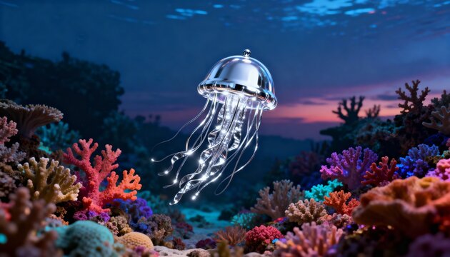 Metallic Jellyfish Fantasy Sparkling Creature Over Colorful Tropical Coral Garden in Twilight Ocean Depths