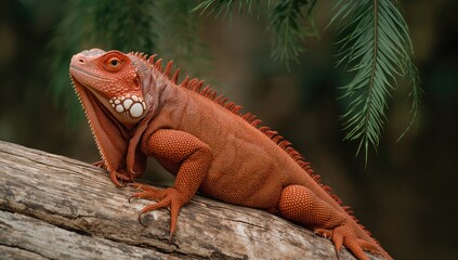 Fototapeta premium Female Red Iguana, a sizable plant-eating lizard inhabiting trees, showcasing a fiber-dense choice