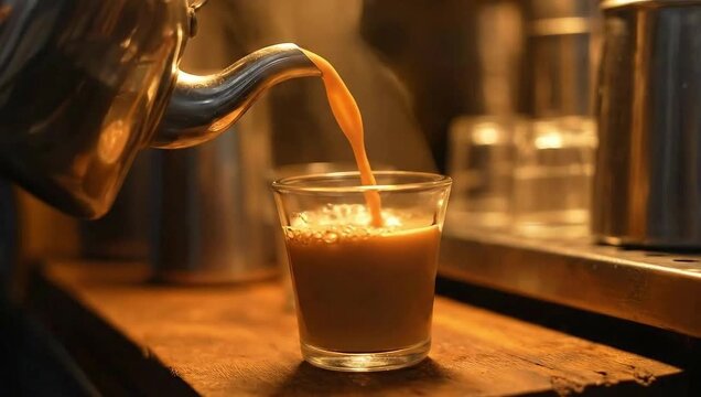 masala chai steaming poured into small glass cup