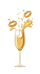 Champagne glass with splash and lips for New Year, Christmas  