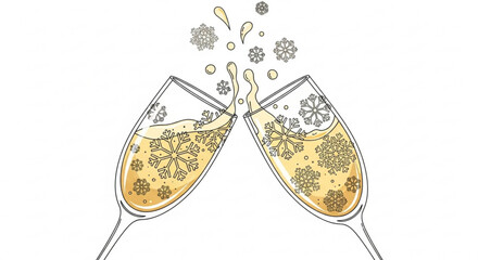 Cheers with champagne glasses decorated with snowflakes for New Year, Christmas  