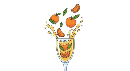Orange juice splash with tangerine slices and leaves in glass  