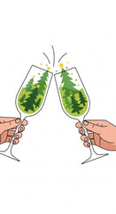 Hands clinking champagne glasses with pine trees for New Year, Christmas  