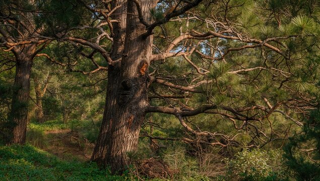 Close-up of pine trunks and branches with needles in a coniferous woodland