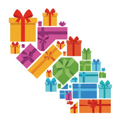 Colorful gifts wrapped with ribbons arranged in festive pattern  