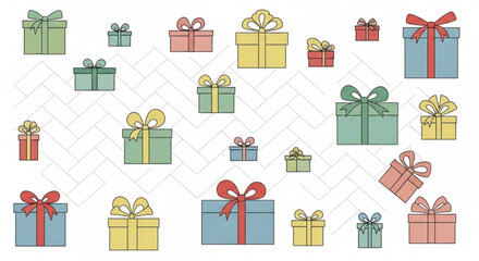 Colorful gift boxes arranged on white background for New Year, Christmas  