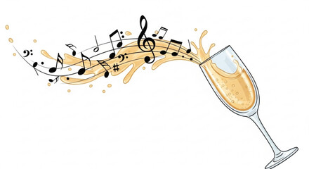 Champagne glass with musical notes and splash for New Year, Christmas  