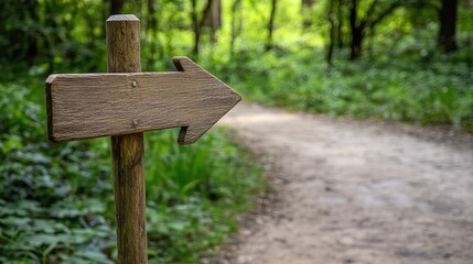Fototapeta premium directional. A rustic wooden directional signpost located near a forest path in a natural outdoor setting. travel magazines, destination branding, designed for outdoor magazines and nature guides.