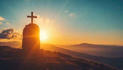 Easter and Good Friday theme, Vacant grave marker with cross against dawn mountain scenery, reflection of renewal