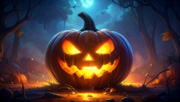 Glowing jack-o'-lantern in a spooky forest, illuminated by moonlight. Eerie, atmospheric, and festive Halloween scene - Powered by Adobe