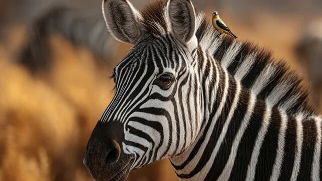 Close-Up of a Zebra with a Small Bird Perched on Its Head in a Natural Habitat Surrounded by Warm Golden Grass