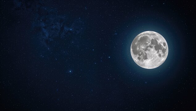 On the right side, a luminous full moon surrounded by a starry galaxy and cosmic space. Elements sourced from a space agency are featured in this image.