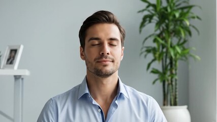 Businessman meditating in modern office environment practicing mindfulness and stress relief