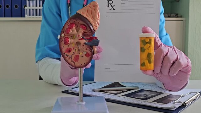 Health professional explains kidney function and medication use with anatomical model