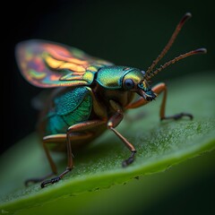 Iridescent Jewel Beetle on a Green Leaf