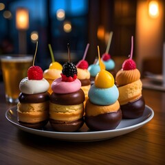  A plate of colorful gourmet mini desserts with fruit toppings.