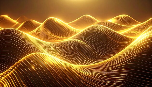 Golden light undulates across the landscape. Lines swirl and create three-dimensional waves in a radiant, sunlit environment