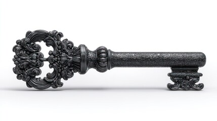 Ornate antique key isolated on white background for conceptual imagery