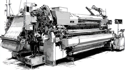Industrial weaving machine detailed illustration for textile production