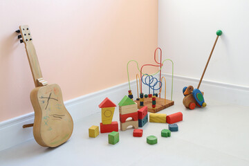  Eco-friendly toys. Colorful wooden blocks for educational play and children's learning
