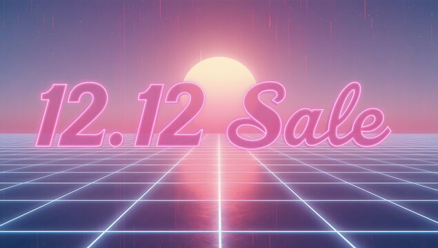 Retro 12.12 Sale Promotion With Neon Pink Text Against Synthwave Grid Landscape And Glowing Sun For A Nostalgic Vibe