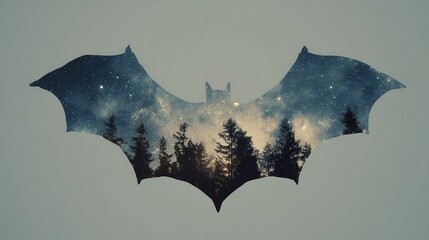 Sleek bat silhouette filled with a celestial forest and starry night sky