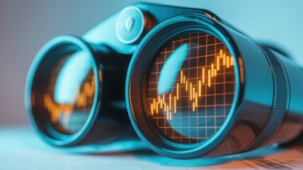 Binoculars revealing a rising stock chart, symbolizing investment strategy and vision