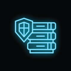 Blue neon icon of a shield protecting a stack of books, symbolizing data protection and security