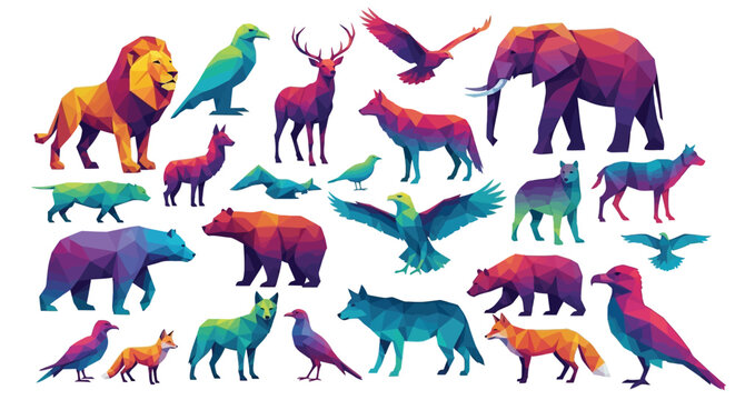 Vibrant geometric animals for colorful designs featuring a lion, eagle, deer, elephant, bear, wolf, fox, and assorted birds on a clean white background